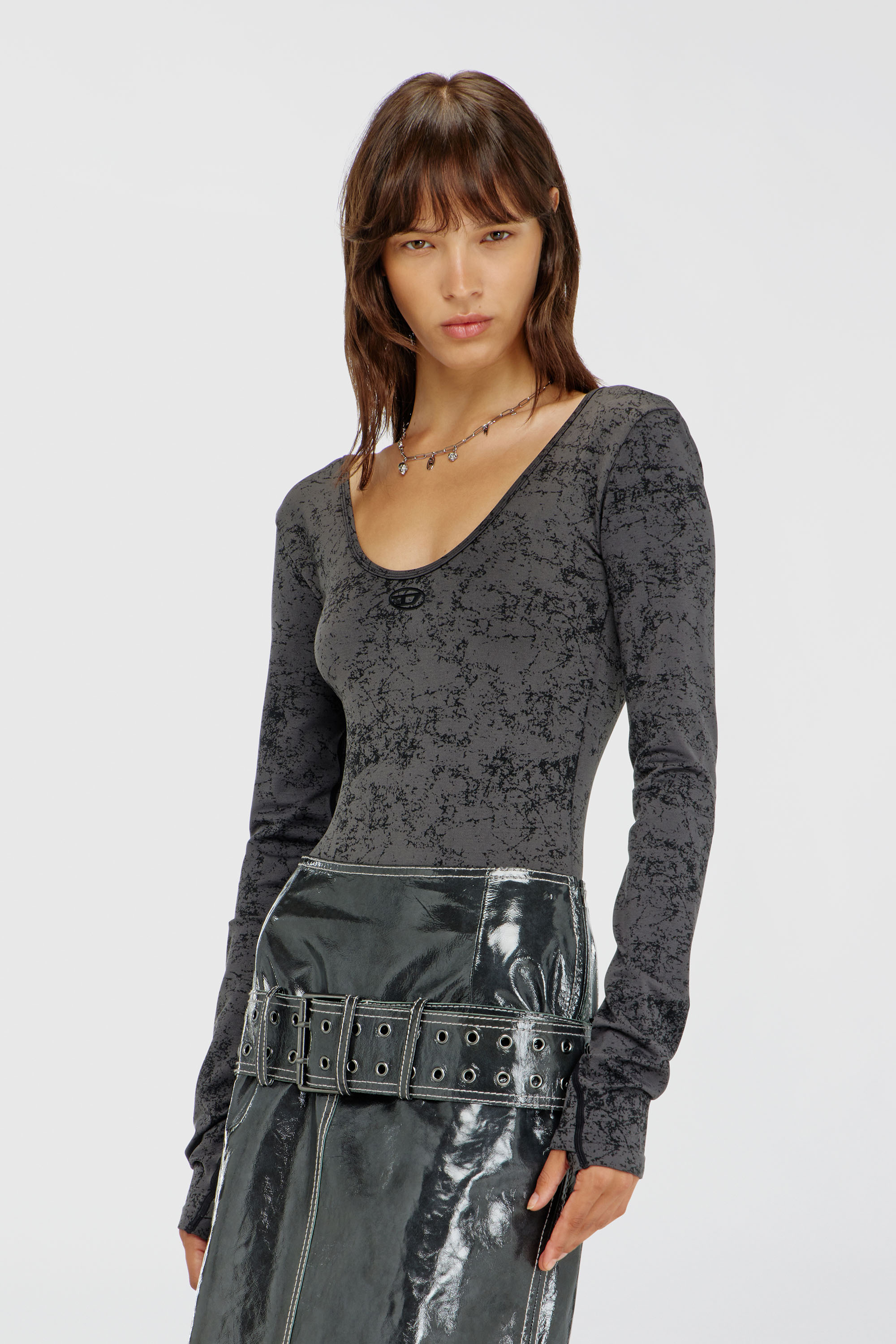 Diesel - IONNA-UTLT, Woman's Open-back bodysuit with utilitarian print in Black - 2