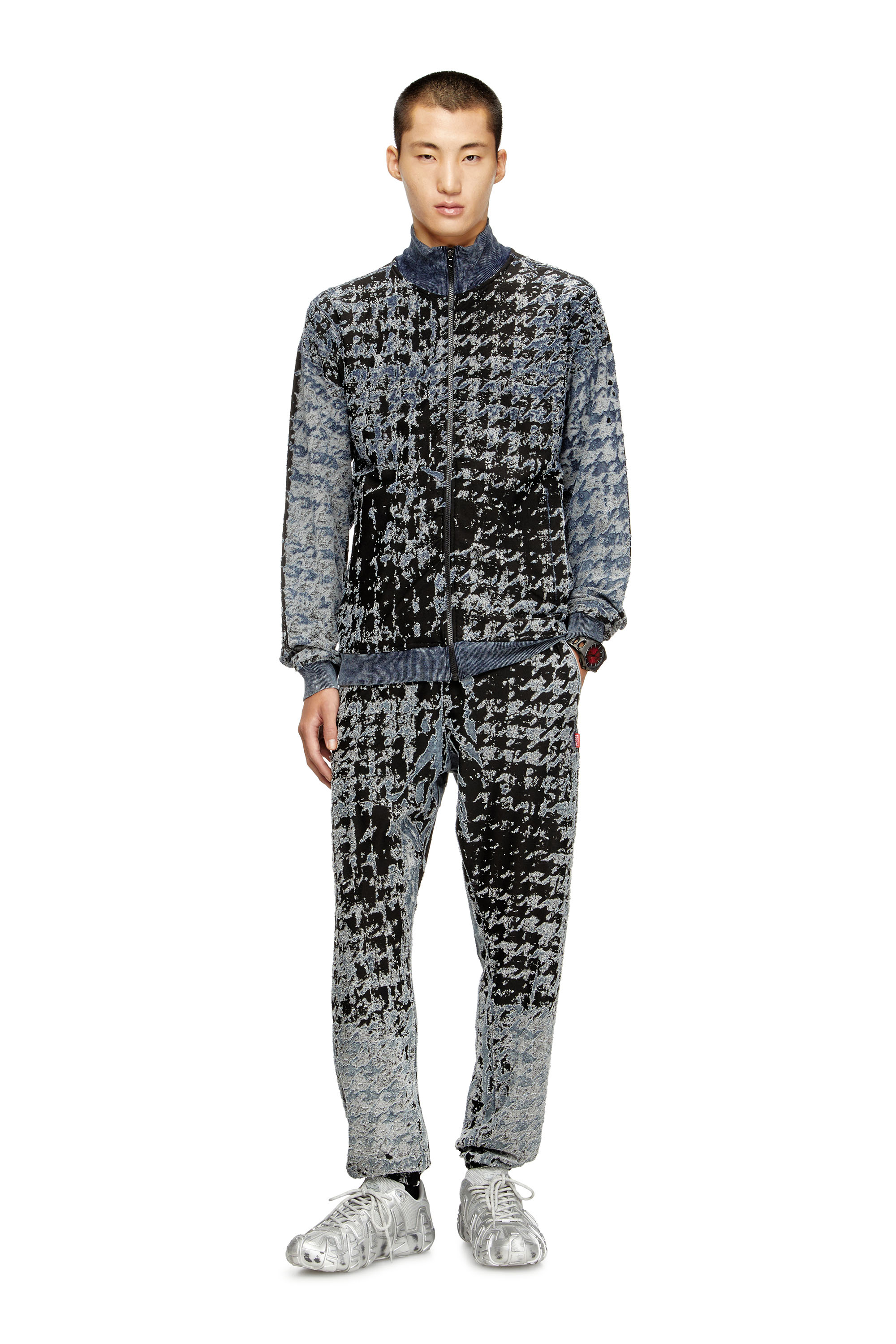 Diesel - S-CORR, Man's Devoré houndstooth zip-up top in Black/Blue - 2