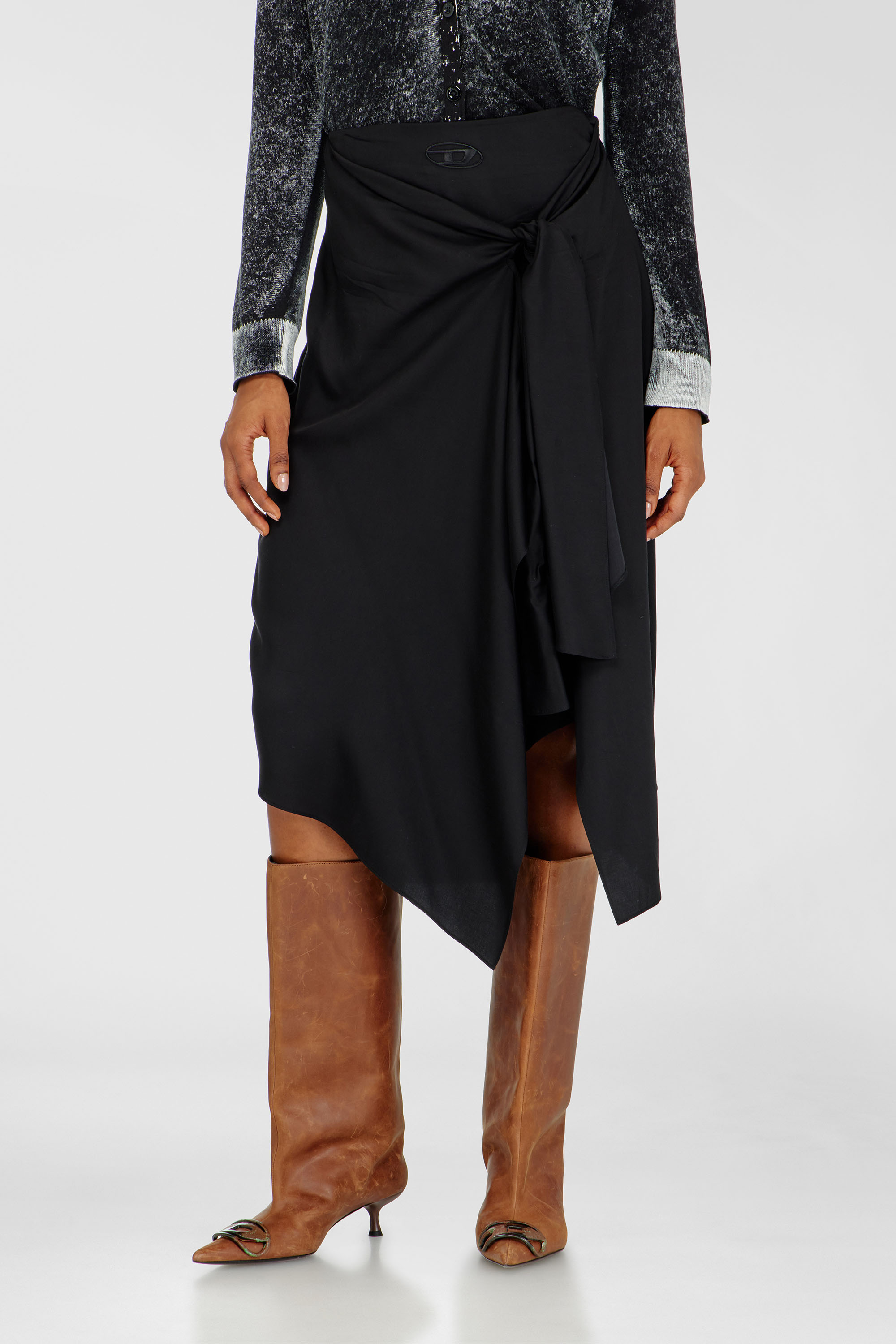 Diesel - O-TALI, Woman's Skirt in fluid cupro with front knot in Black - 3