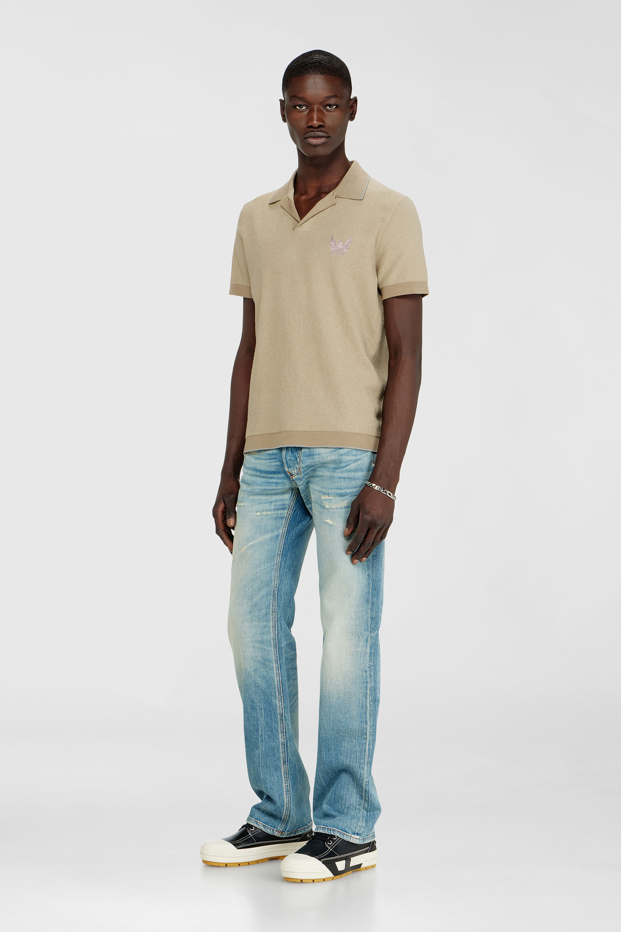 Diesel - K-RAILES, Man's Boucl&eacute;-knit polo shirt with Phoenix logo in Beige - 1