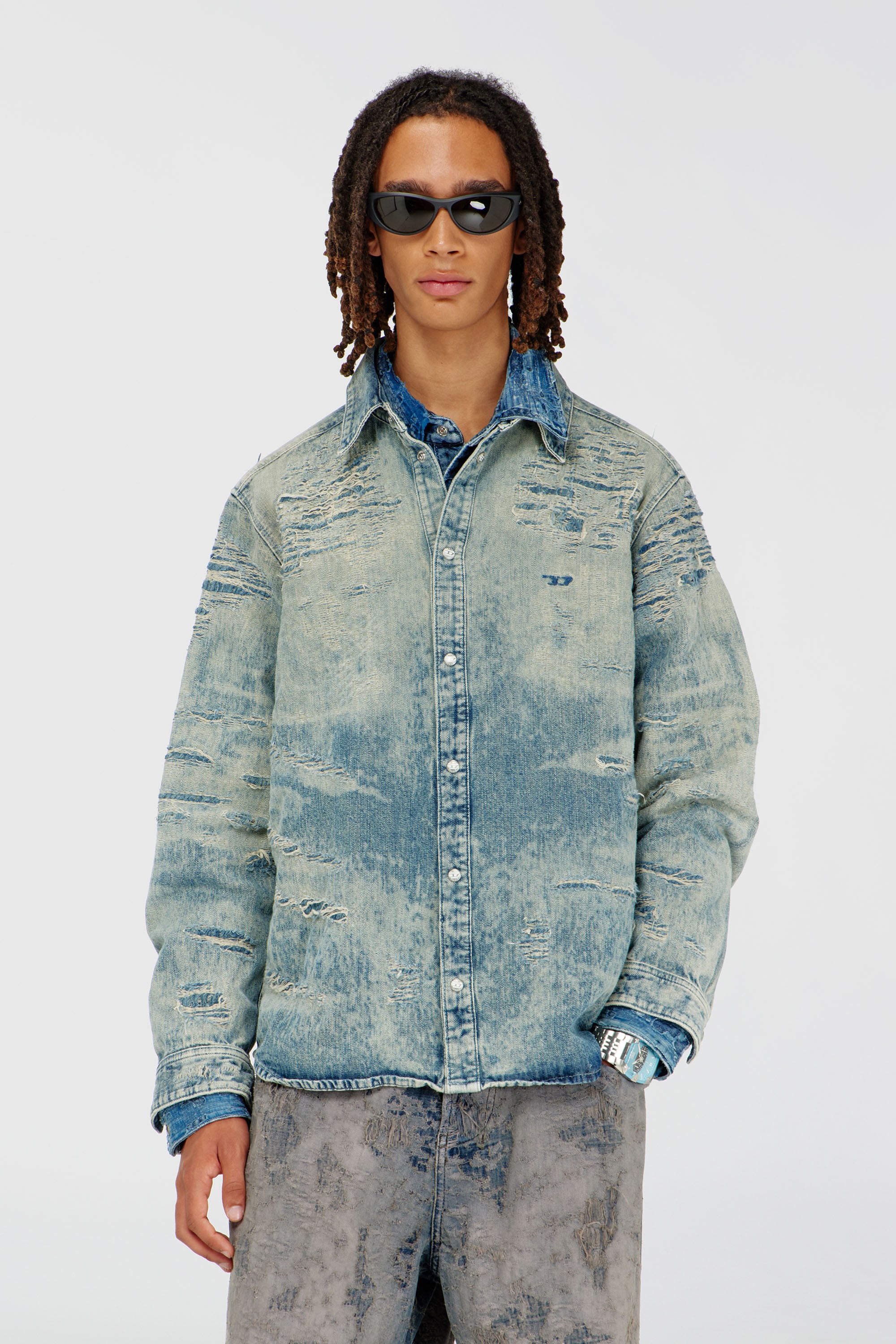 Diesel - D-SIMPLY, Man's Shirt in distressed-effect jacquard denim in Light Blue - 1