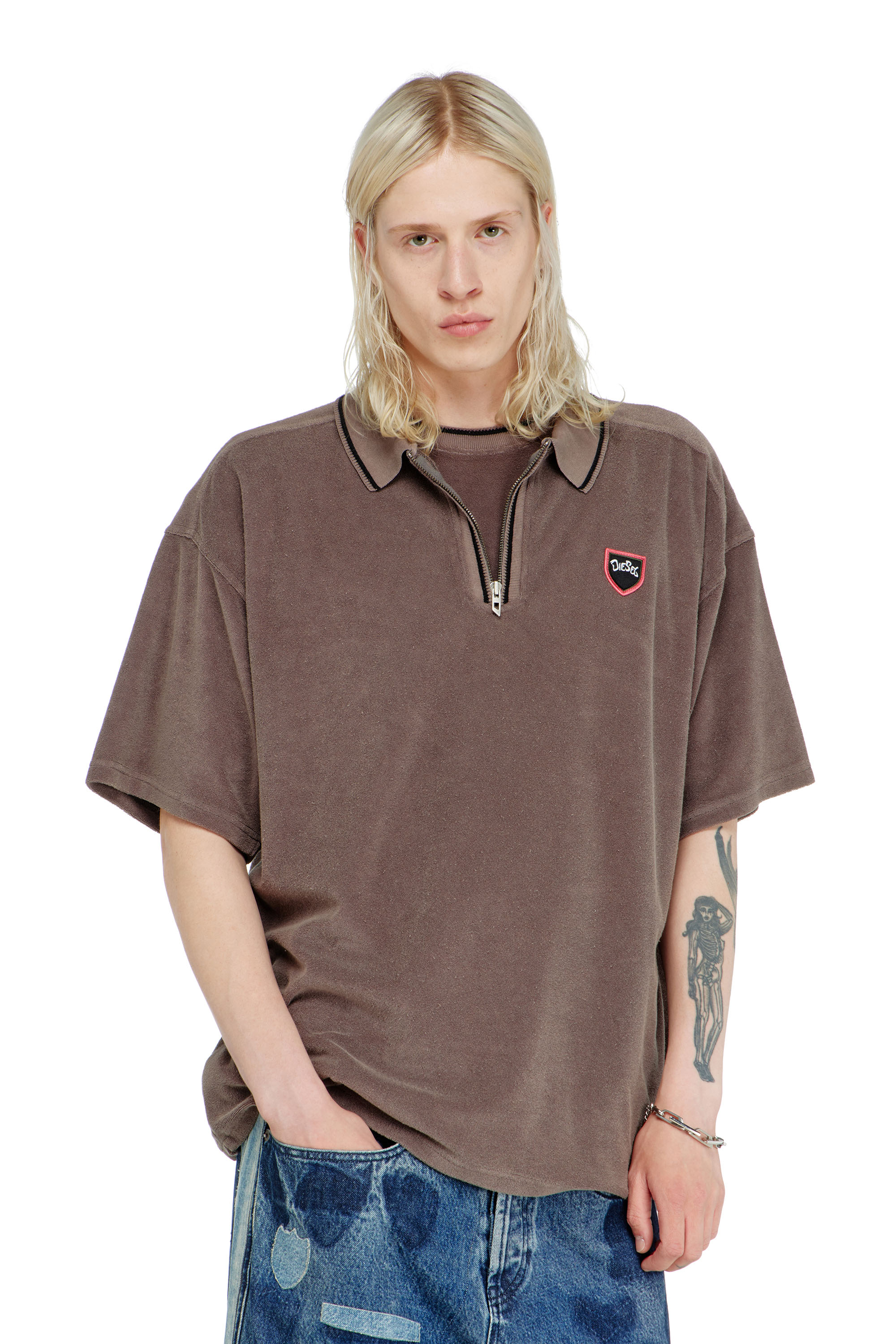 Diesel - T-SPONGY-ZIP, Man's Chenille polo shirt with shield patch in Brown - 1