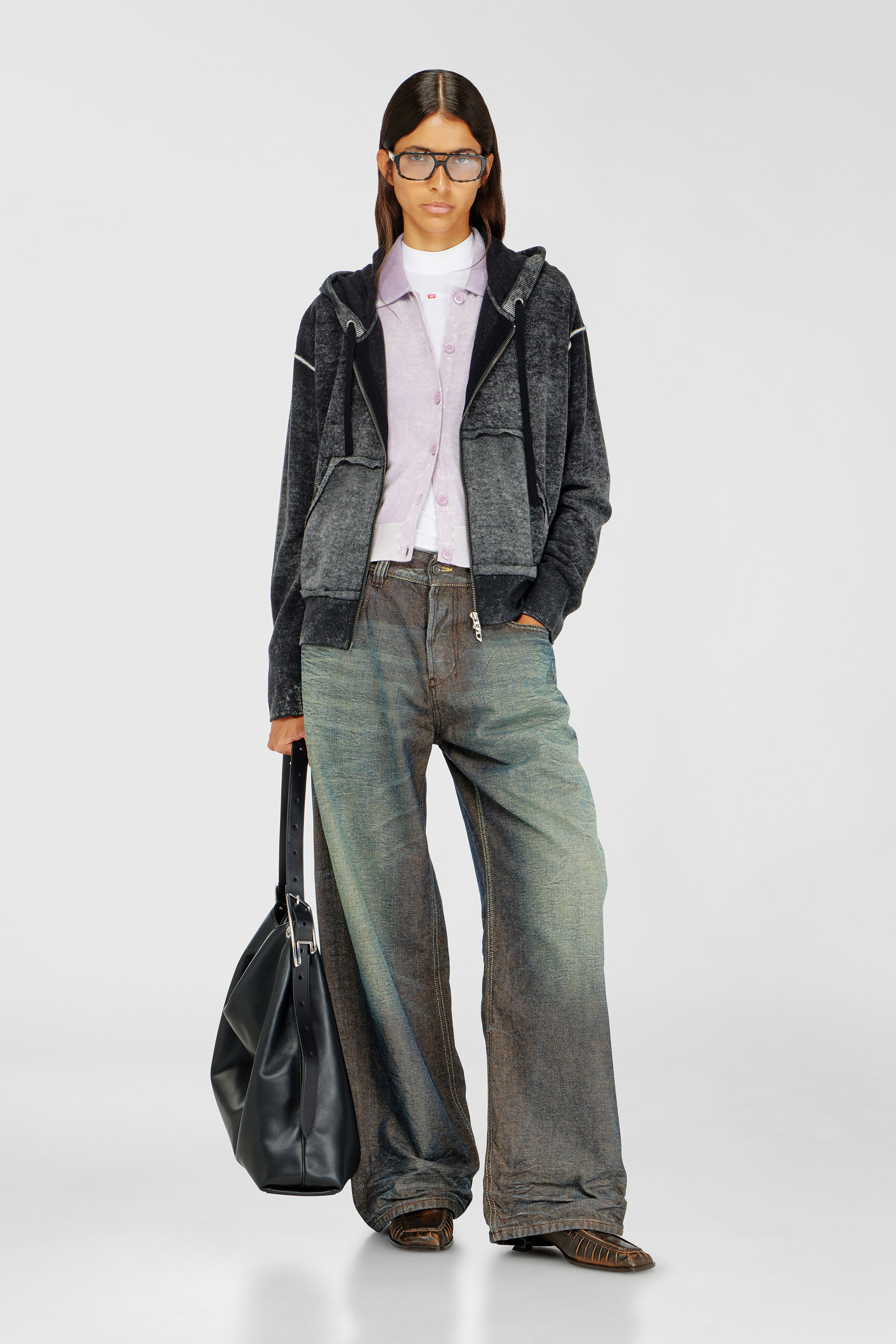 Reverse-print hooded cardigan in wool