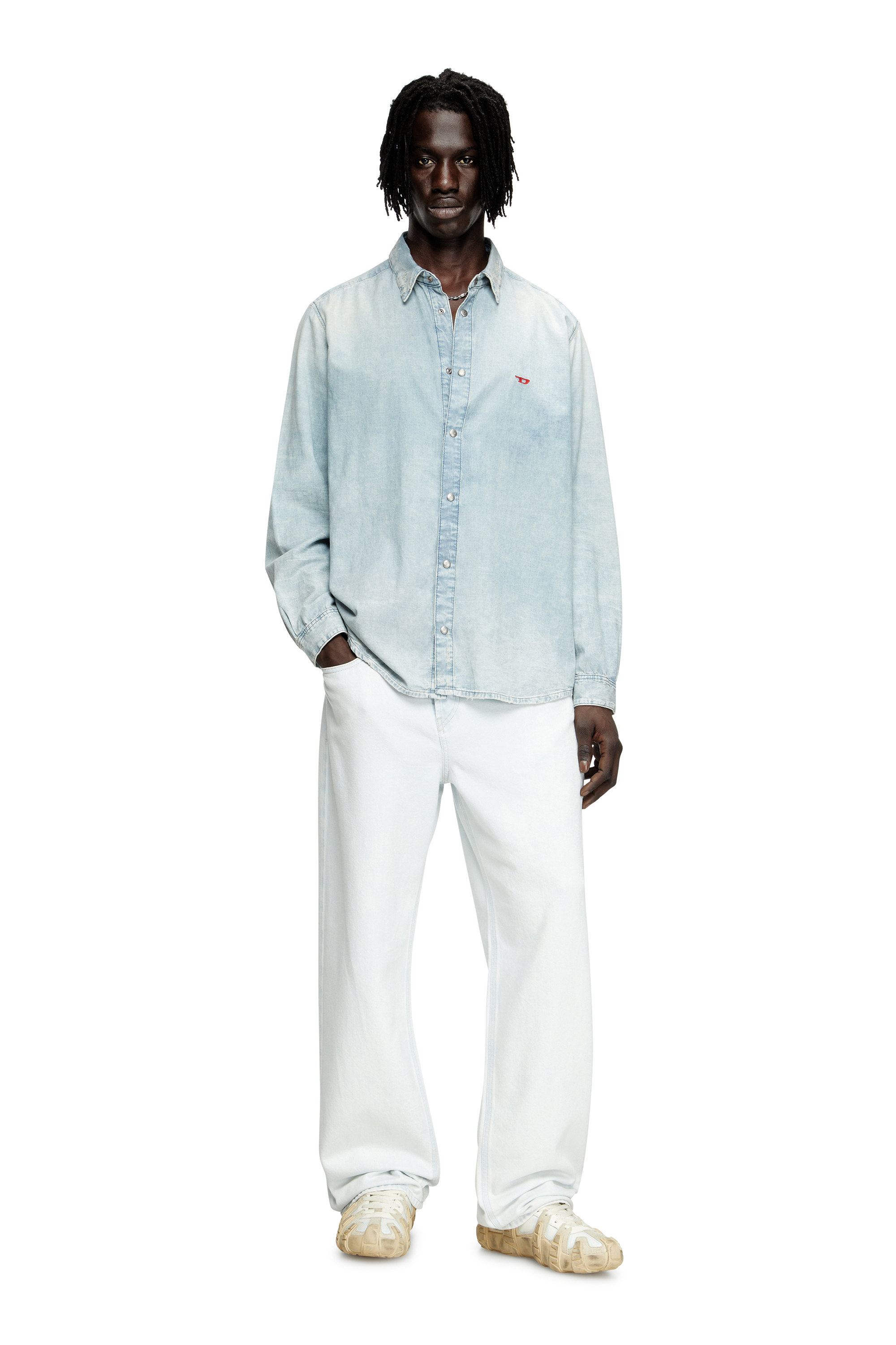 Diesel - D-SIMPLY, Man's Shirt in bleach-effect denim in Light Blue - 1
