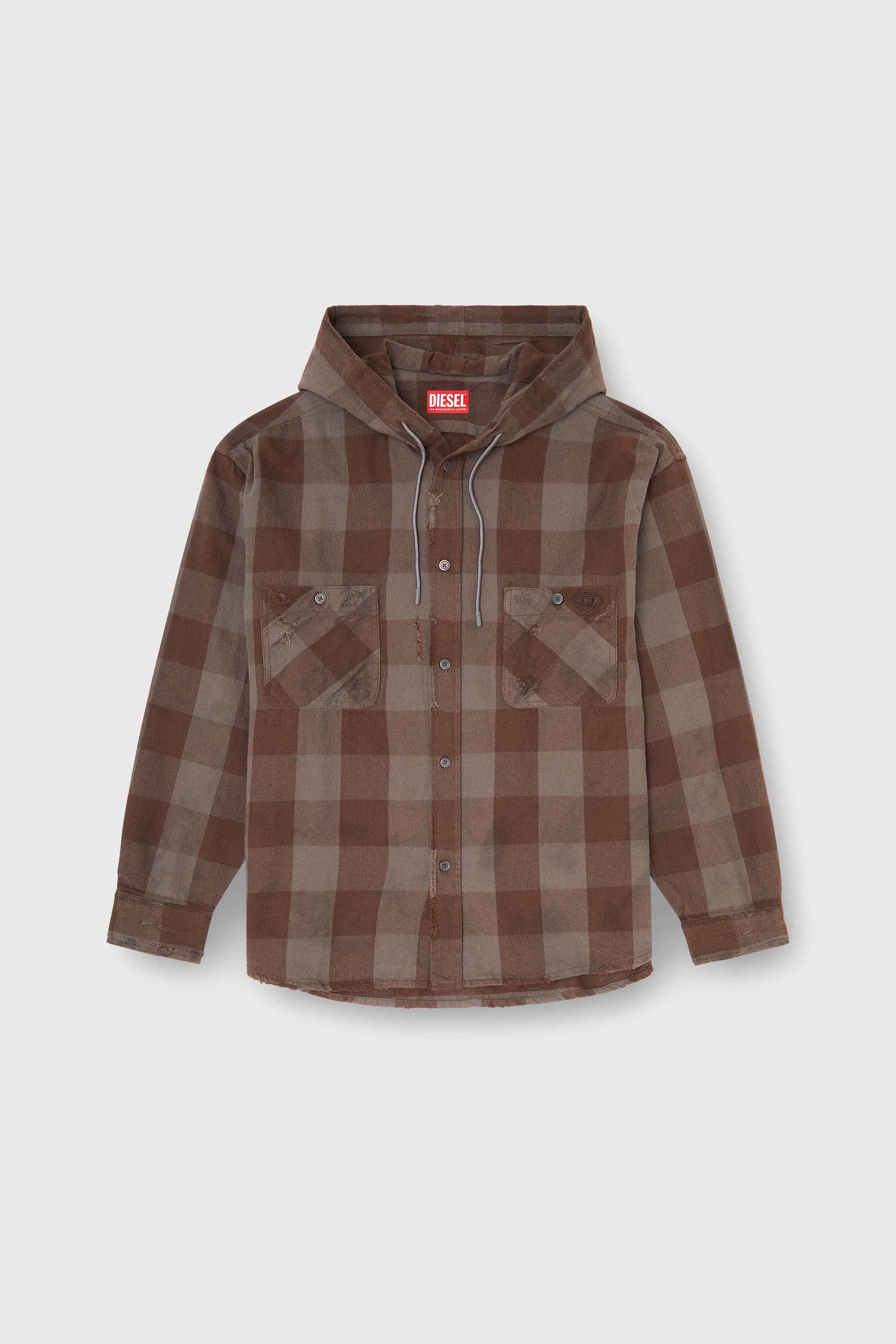 Diesel - S-DRUM-HOODY, Man's Distressed hooded shirt in check flannel in Brown - 2