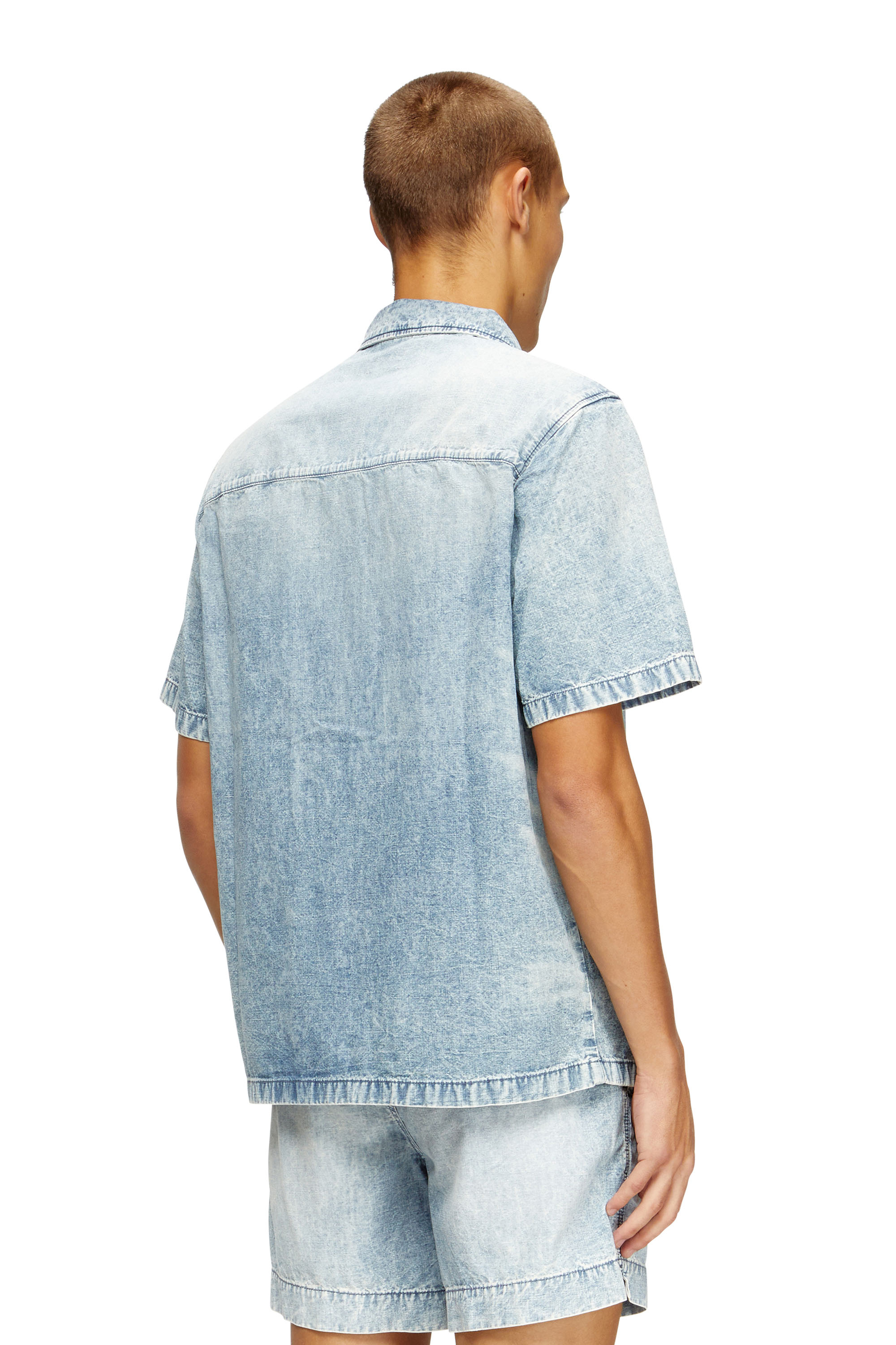 Diesel - D-NABIL-S4, Man's Bowling shirt in marbled denim in Light Blue - 4