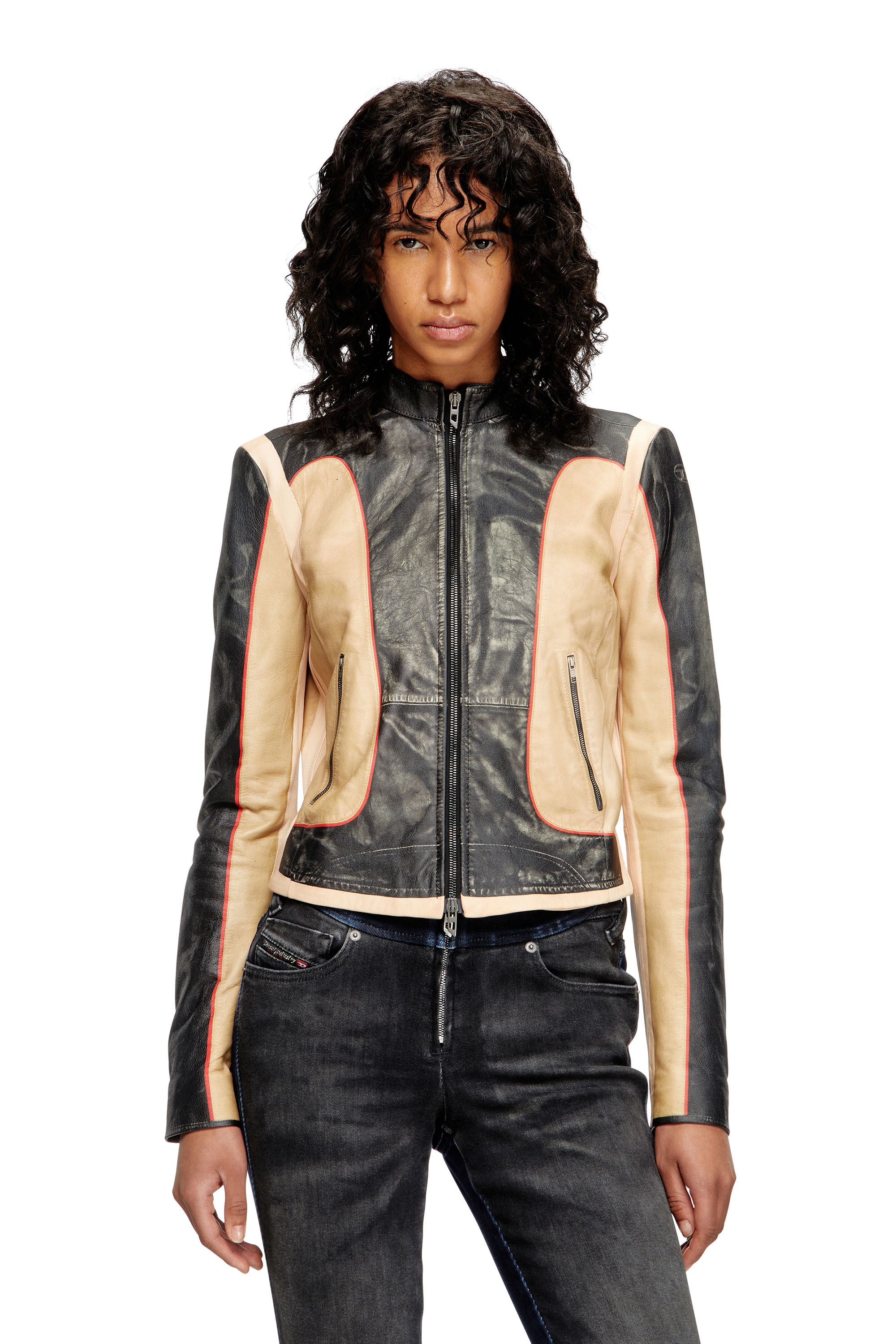 L-OONIE, Beige/Black Diesel - L-OONIE, Woman's Trompe l'oeil-effect leather biker jacket in Beige/Black - 3