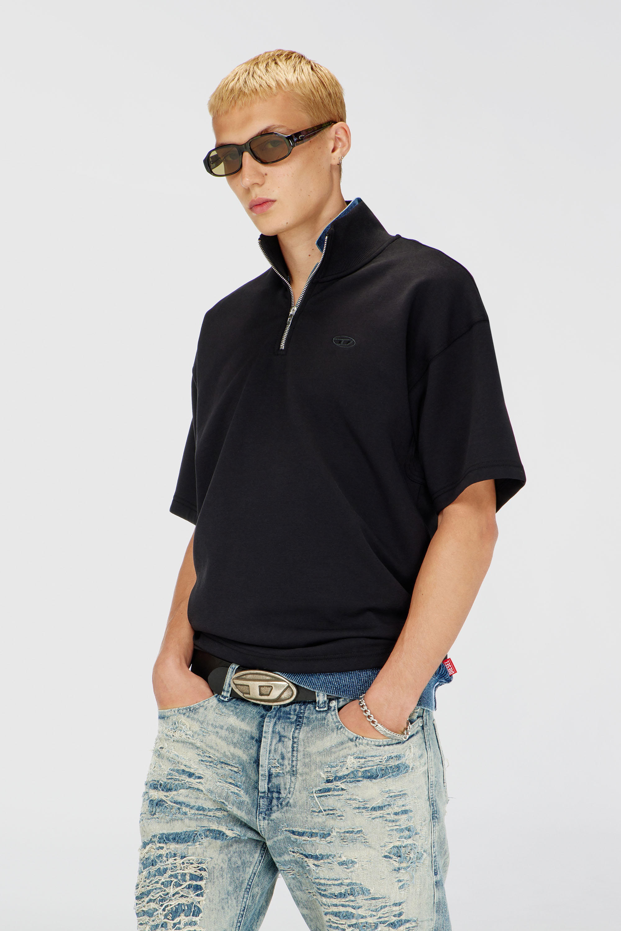 Diesel - S-CUBY, Man's Short-sleeve half-zip sweatshirt in light scuba in Black - 1