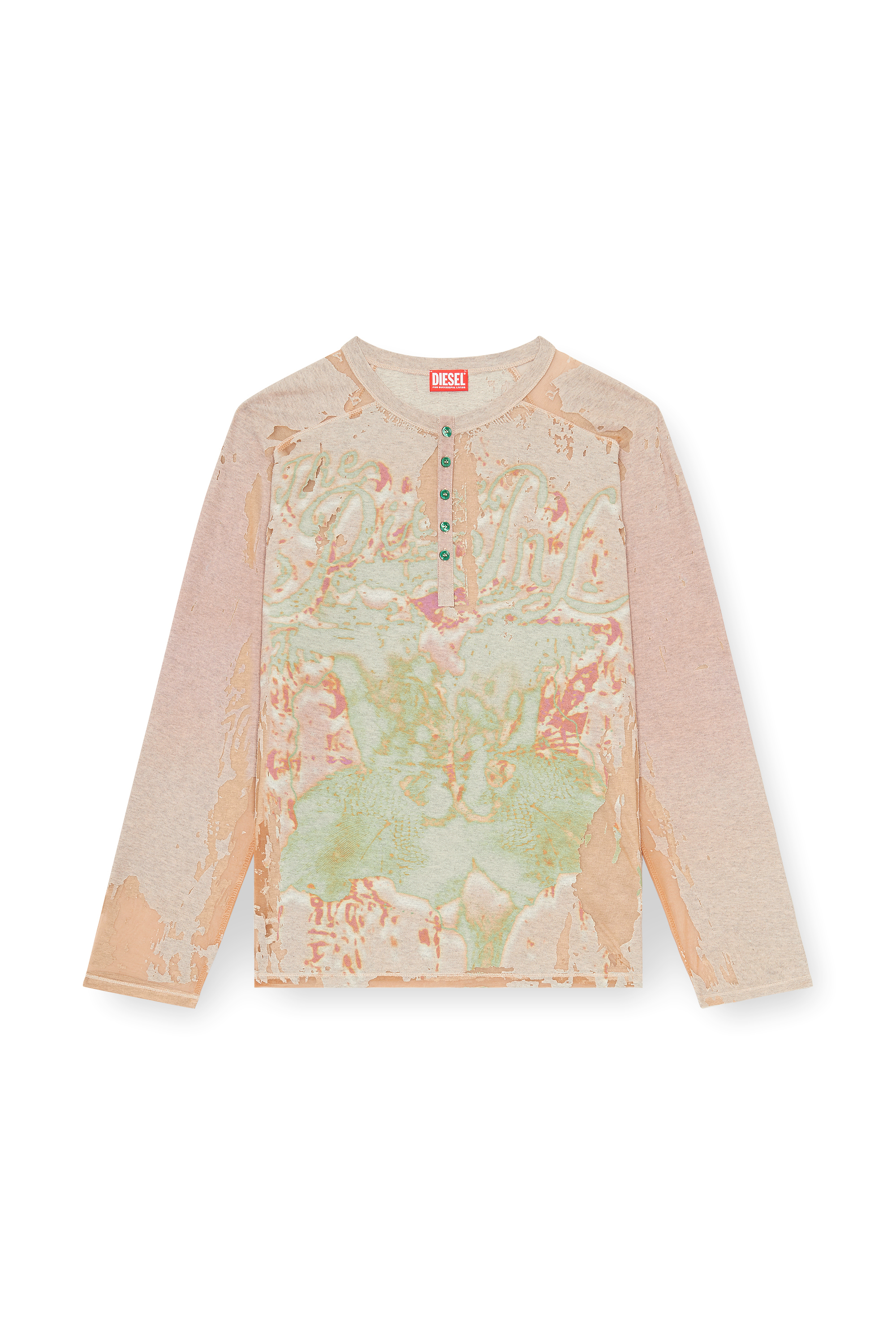 Diesel - T-LIVO-LS, Man's Henley shirt in printed devor&eacute; jersey in Beige - 2