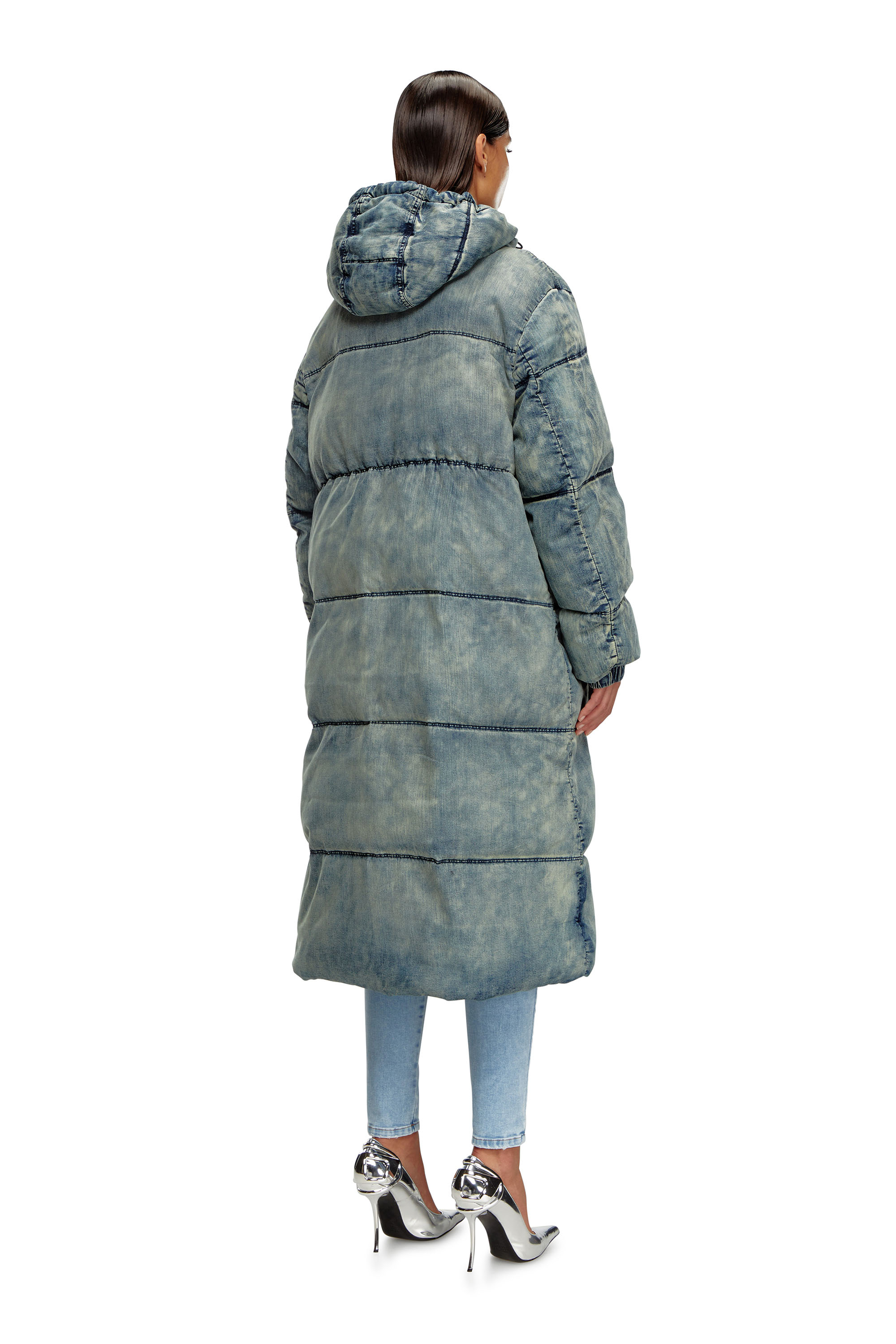 Diesel - W-AVES-LONG, Woman's Hooded puffer coat in stretch denim in Blue - 4