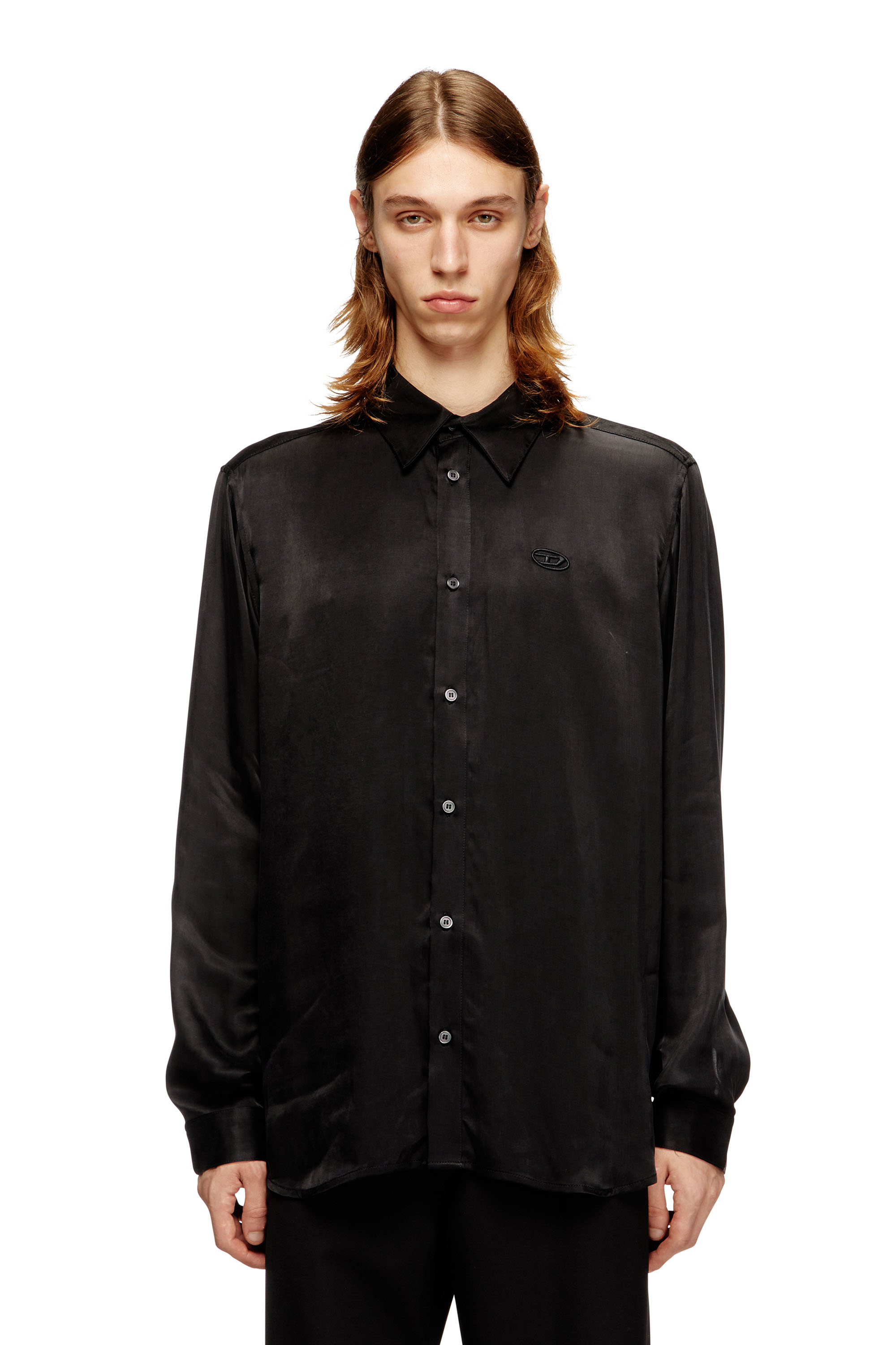 S-SIMPLY-AJFU, Black Diesel - S-SIMPLY-AJFU, Man's Cupro shirt with embroidered logo in Black - 3