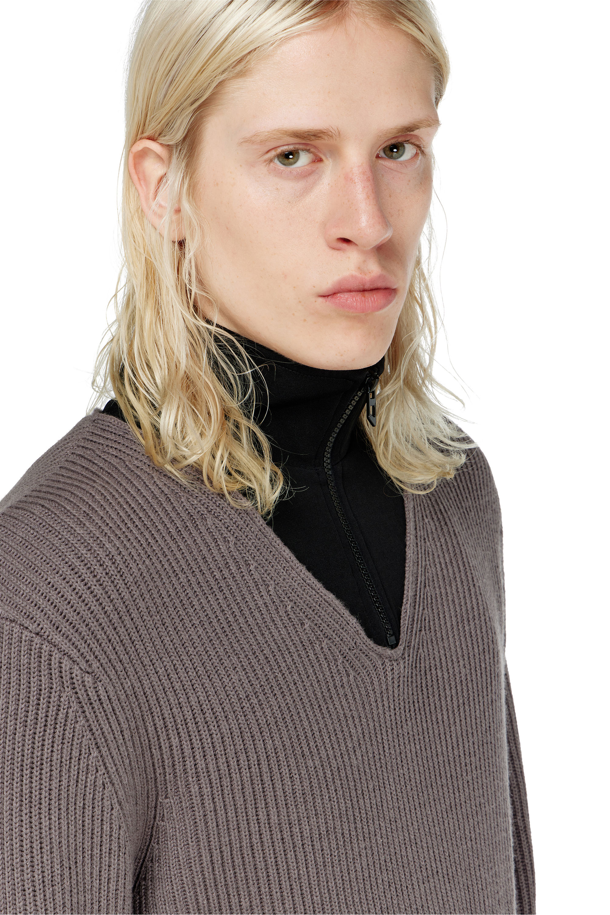 Diesel - K-MAMU, Man's Half-zip sweater with layered neckline in Black/Grey - 5